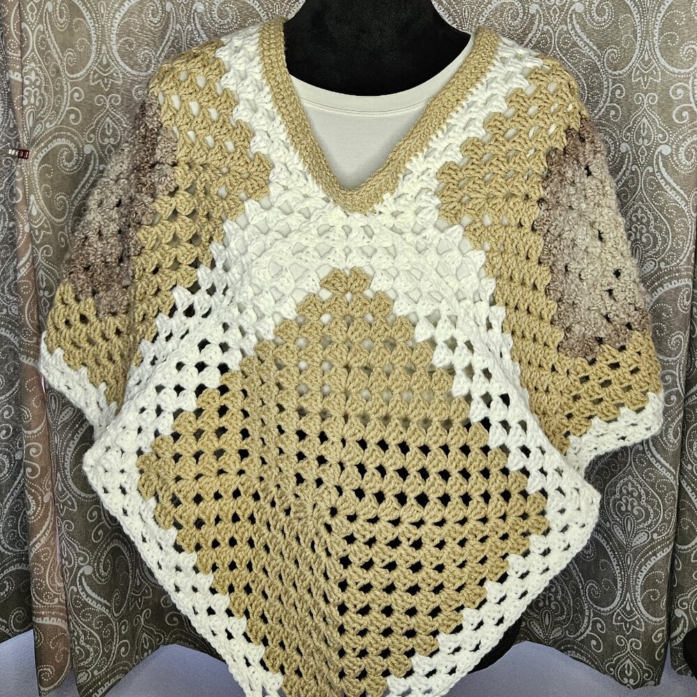 Uniquej one of a kind Crochet Poncho in White, Tan, Taupe Beige colors.